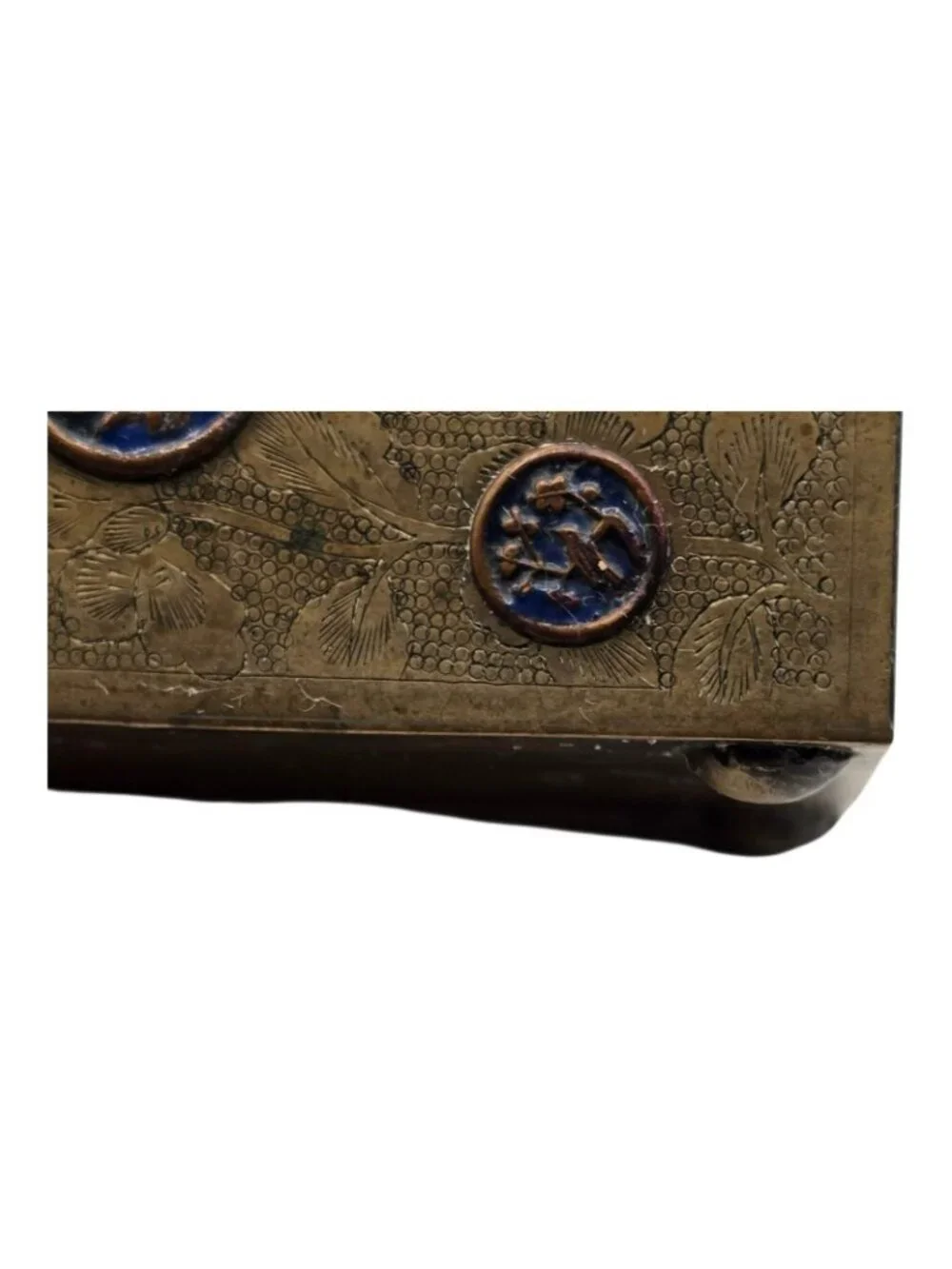 Antique Brass Jewelry Box Cloisonné Floral Bird Design Vintage Trinket Storage